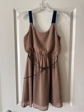 Xhilaration Tan Dress with Navy Straps & Belt